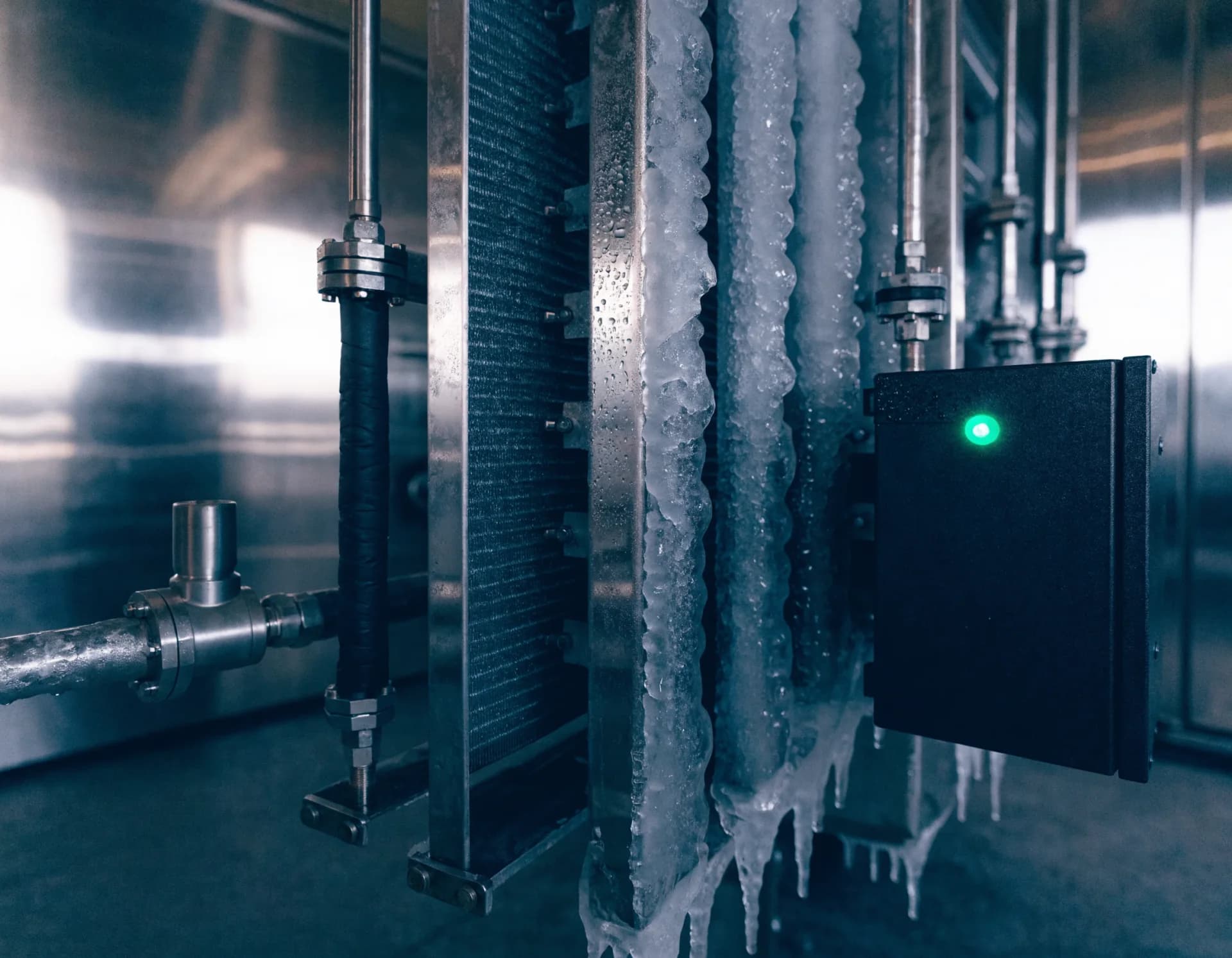 A frost-covered commercial refrigeration evaporator and stainless lines in a cool steel-blue grade, a single green ready LED glowing on the control box
