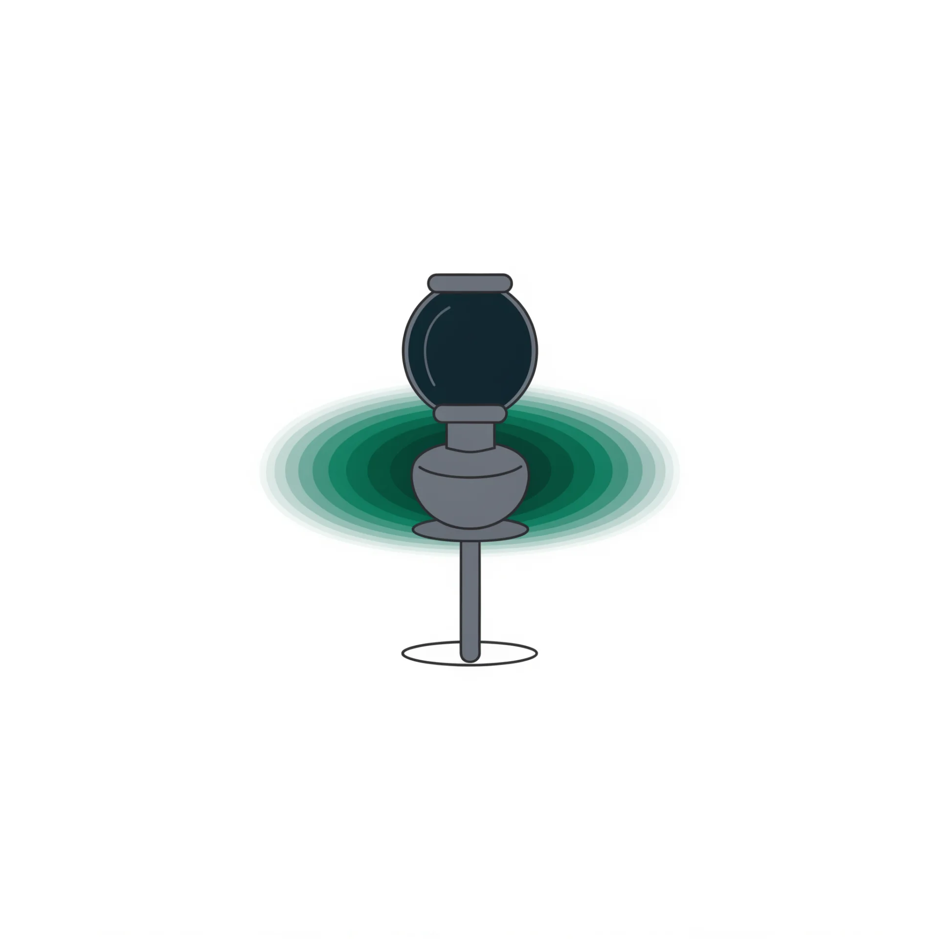 A single dim, unlit readiness signal lamp on a stand with a soft centered green glow behind it, waiting to turn green